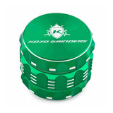 Kozo 2 inch four-piece aluminum grinder in green, closed front view of the body with the Kozo logo lid