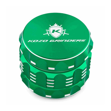 Kozo 2 inch four-piece aluminum grinder in green, closed front view of the body with the Kozo logo lid