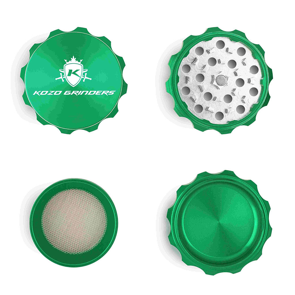 Kozo 2 inch four-piece aluminum grinder in green, four pieces laid flat showing lid, teeth, screen and base