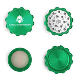 Kozo 2 inch four-piece aluminum grinder in green, four pieces laid flat showing lid, teeth, screen and base