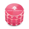 Kozo 2 inch four-piece aluminum grinder in pink, closed front view of the body with the Kozo logo lid