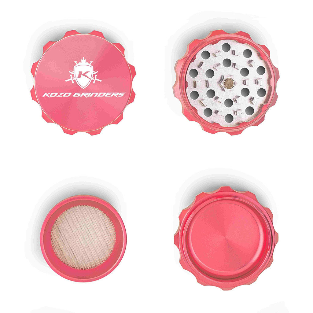 Kozo 2 inch four-piece aluminum grinder in pink, four pieces laid flat showing lid, teeth, screen and base