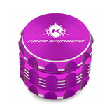 Kozo 2 inch four-piece aluminum grinder in purple, closed front view of the body with the Kozo logo lid