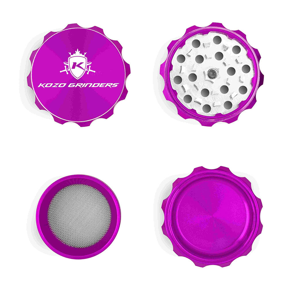 Kozo 2 inch four-piece aluminum grinder in purple, four pieces laid flat showing lid, teeth, screen and base
