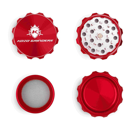 Kozo 2 inch four-piece aluminum grinder in red, four pieces laid flat showing lid, teeth, screen and base