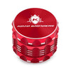 Kozo 2 inch four-piece aluminum grinder in red, closed front view of the body with the Kozo logo lid