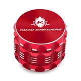Kozo 2 inch four-piece aluminum grinder in red, closed front view of the body with the Kozo logo lid