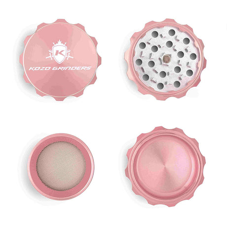 Kozo 2 inch four-piece aluminum grinder in rose gold, four pieces laid flat showing lid, teeth, screen and base