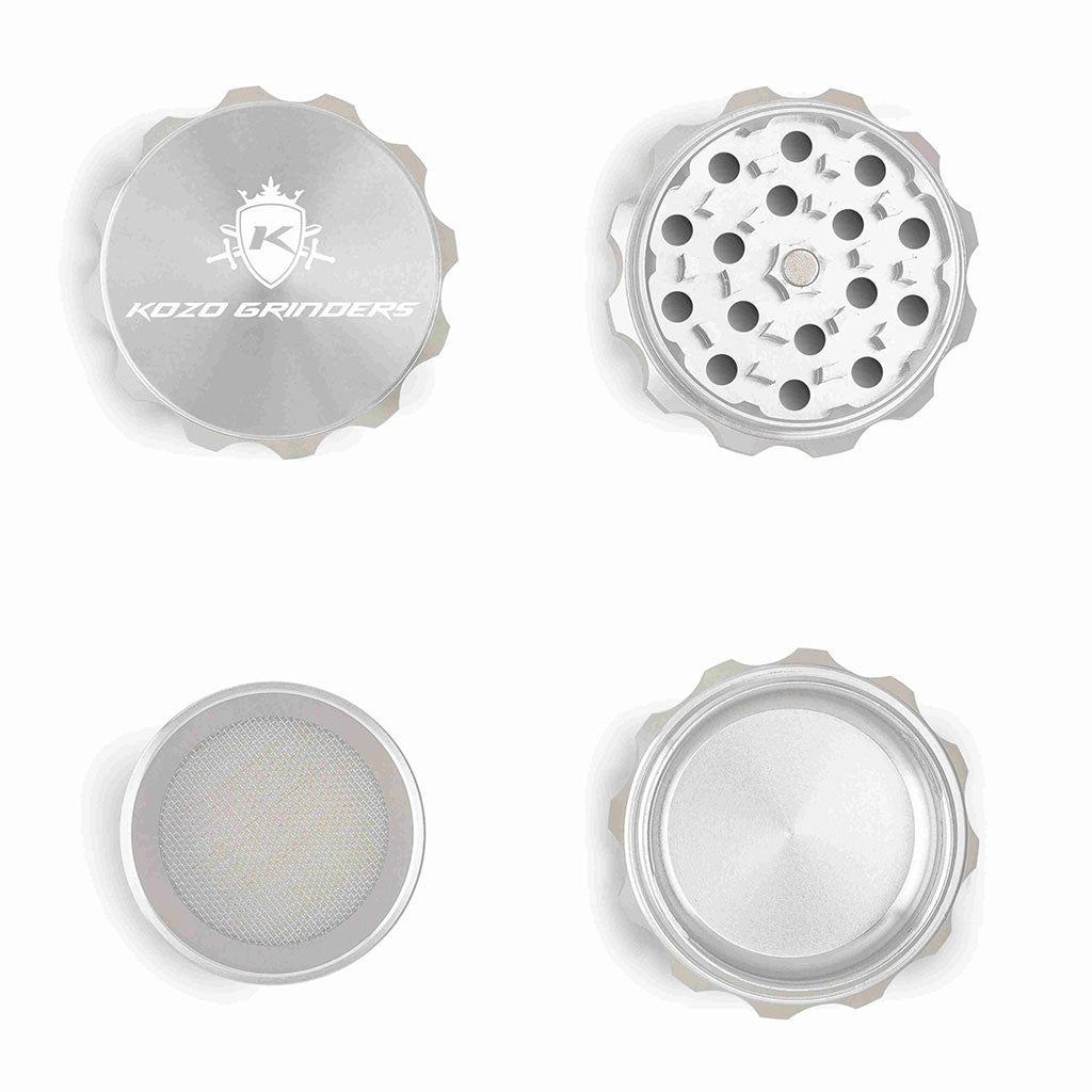 Kozo 2 inch four-piece aluminum grinder in silver, four pieces laid flat showing lid, teeth, screen and base