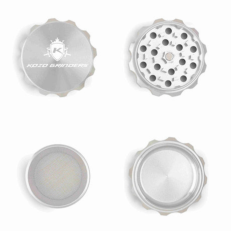 Kozo 2 inch four-piece aluminum grinder in silver, four pieces laid flat showing lid, teeth, screen and base