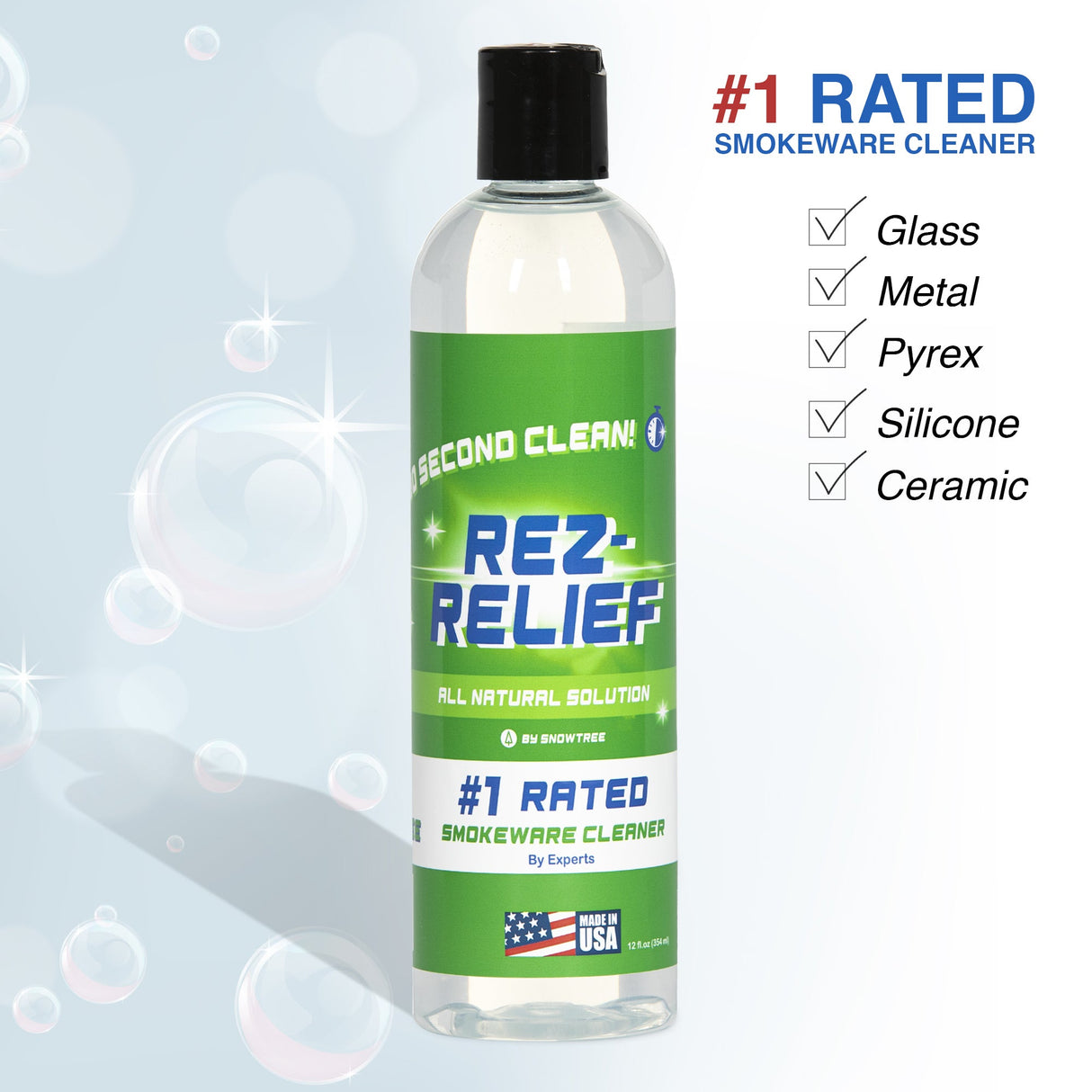 Rez Relief Cleaning Solution by Snowtree, 2-Pack, Front View with Bubbles Background