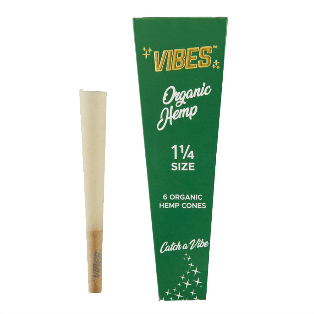 VIBES Organic Hemp 1 1/4" Size Cones, 30 Pack Display Front View on White Background