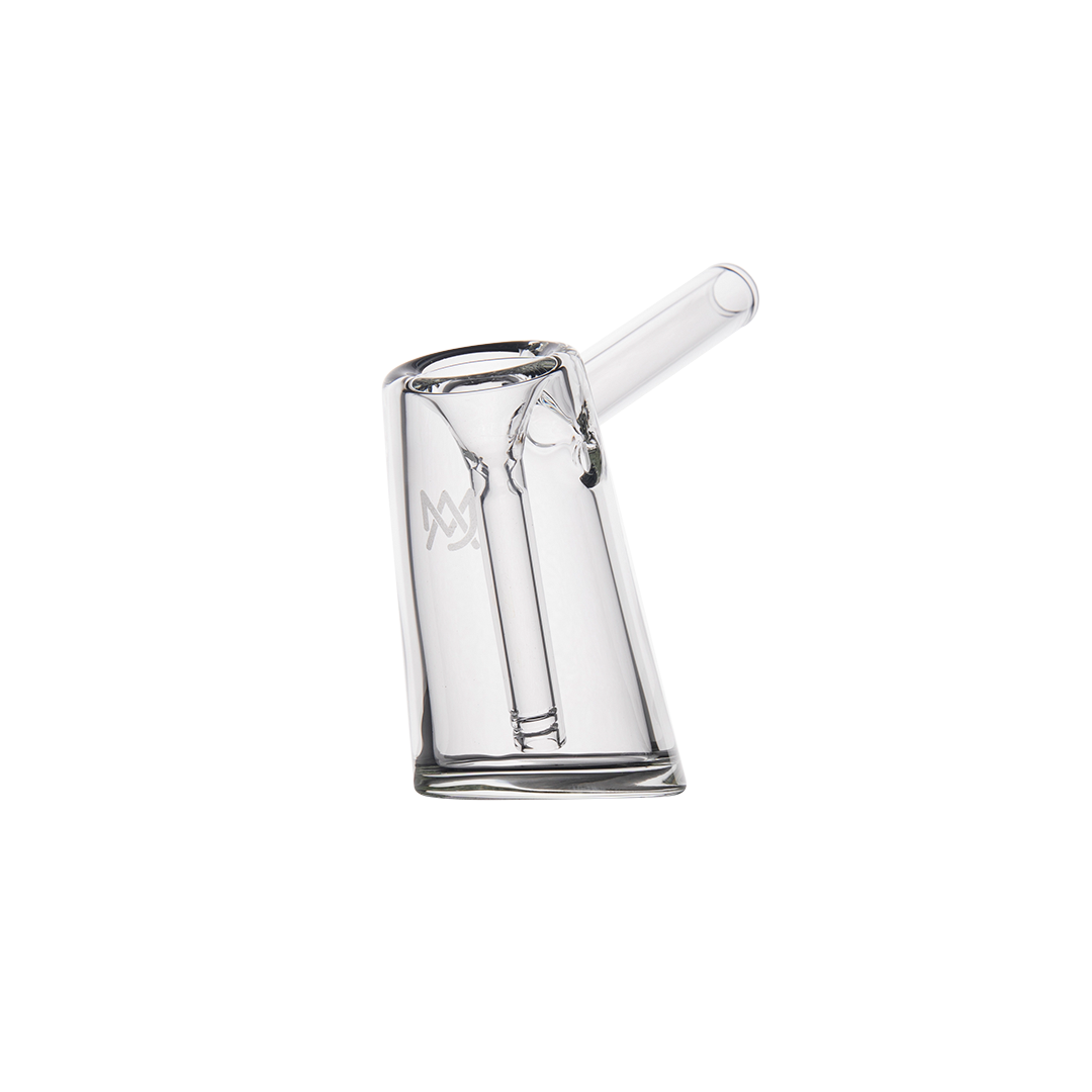 MJ Arsenal Fulcrum Bubbler in Borosilicate Glass, Classic Hand Pipe, Side View on White Background