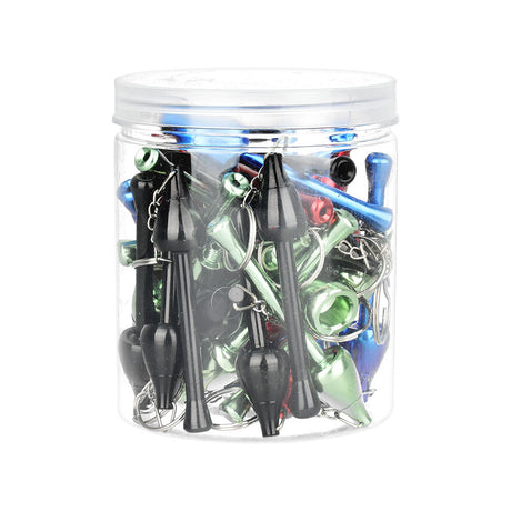 Jar filled with assorted colors of Metal Mushroom Keychain Pipes, front view on white background