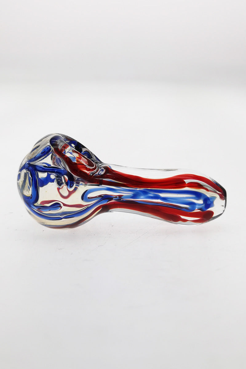Thick Ass Glass 3" Spoon Pipe with Marbles & Red-Blue Ribbon Design, Left Side Carb Hole