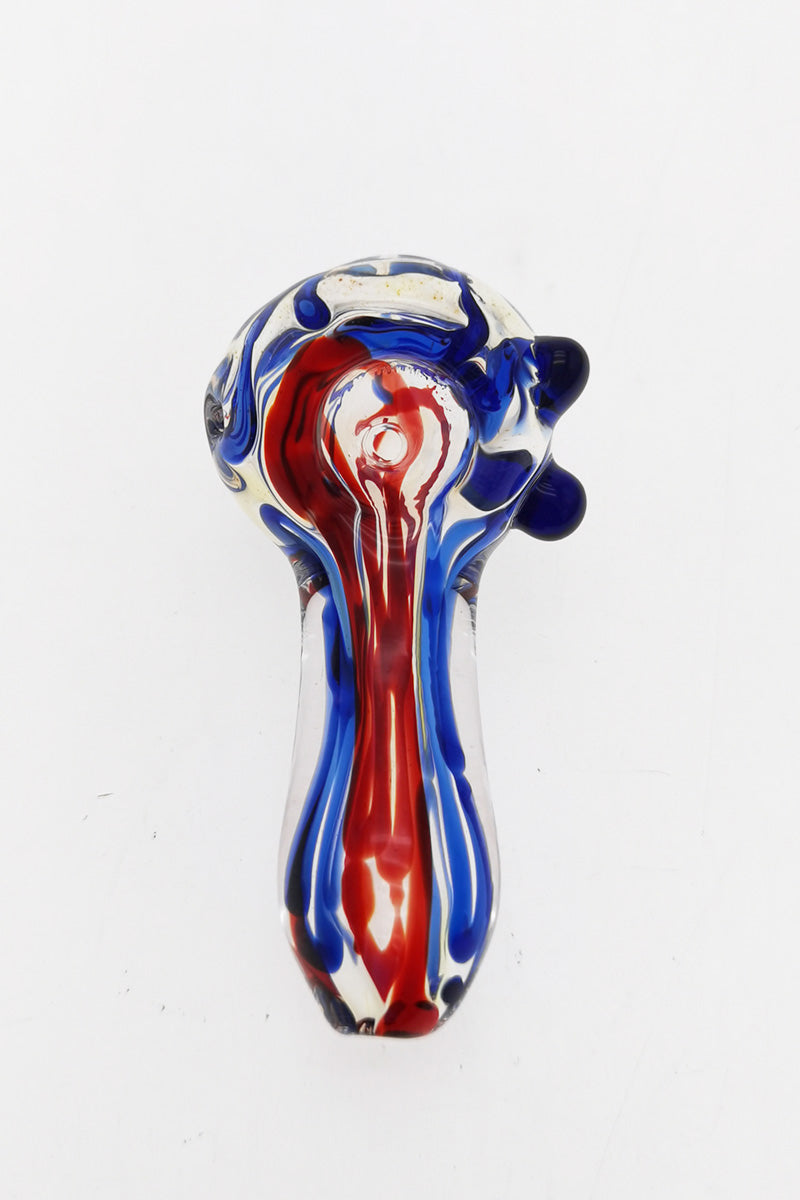 Thick Ass Glass 3" Spoon Pipe with Marbles & Red-Blue Ribbon Design, Carb on Left