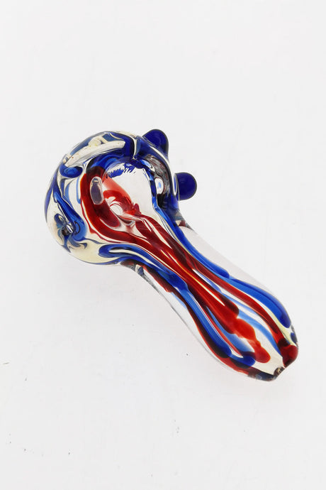 Thick Ass Glass 3" Spoon Pipe with Marbles, Multi-Color Ribbon, Red/Blue Variant, Left Carb