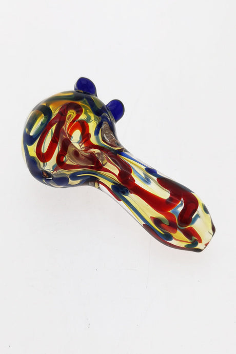 Thick Ass Glass 3" Spoon Pipe with Marbles, Multi-Color Ribbon, Red/Blue Silver Fume, Top View