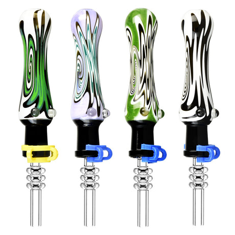 Four 3.5" Wig Wag Glass Dab Straws with Colorful Swirl Designs and Interchangeable Titanium/Quartz Tips
