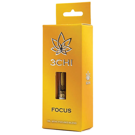 3CHI Delta 8 Focused Blend Vape Cartridge in packaging, 1ml size, portable design, made in USA