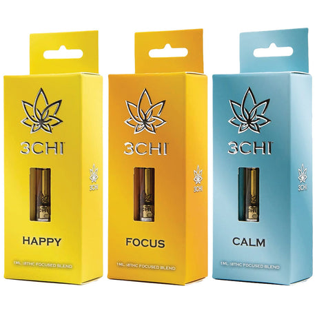 3CHI Delta 8 Vape Cartridges in Happy, Focus, Calm blends, front view on white background