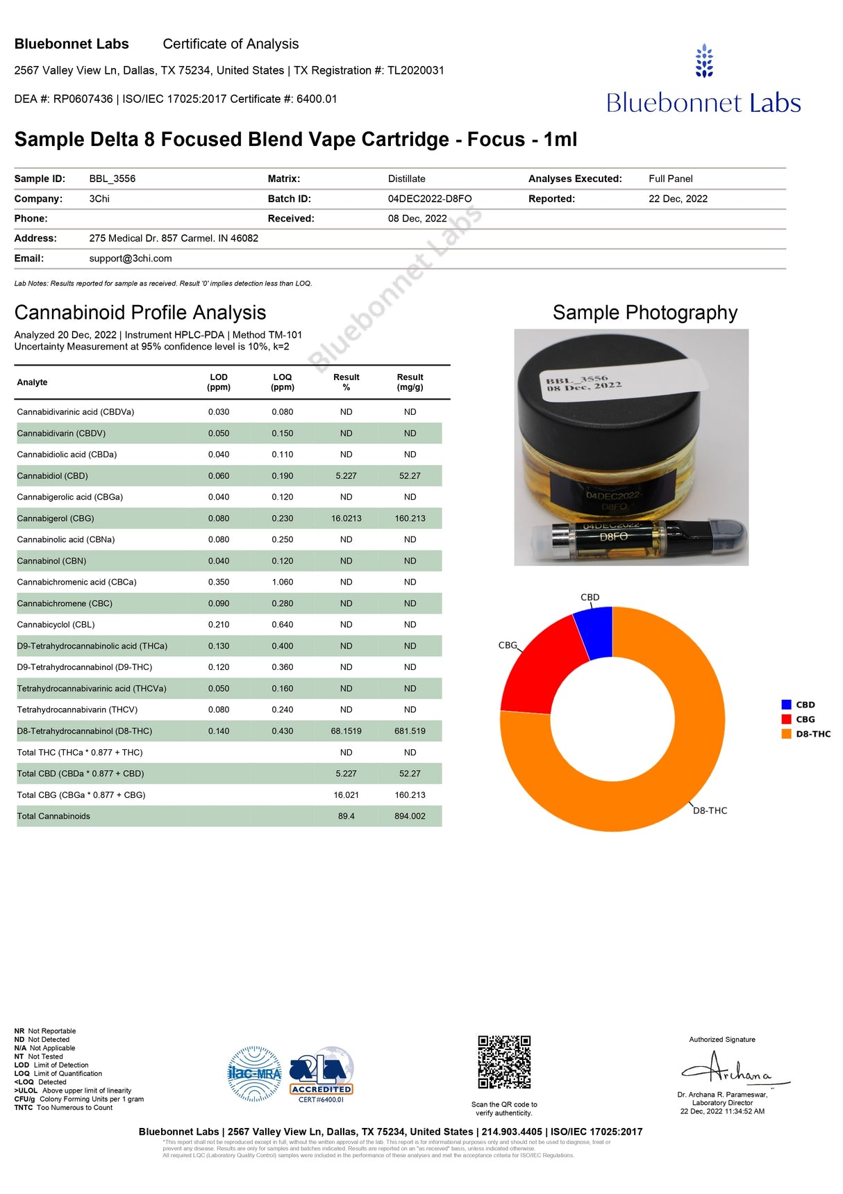 3CHI Delta 8 Focused Blend Vape Cartridge with lab test results and product close-up