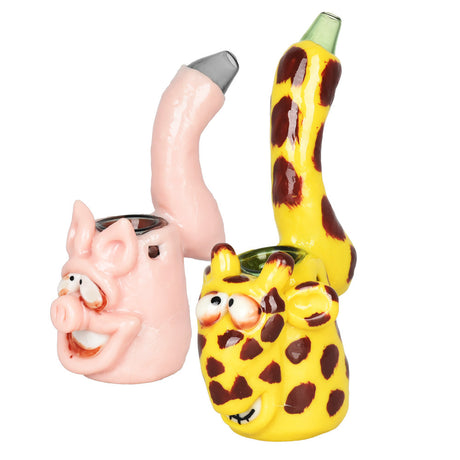 3D Painted Stoned Pig and Giraffe Animal Bubblers, 4.5" Borosilicate Glass, For Dry Herbs