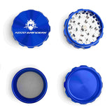 Kozo 3 inch four-piece anodized aluminum grinder in blue, four pieces laid flat showing lid, teeth, screen and base