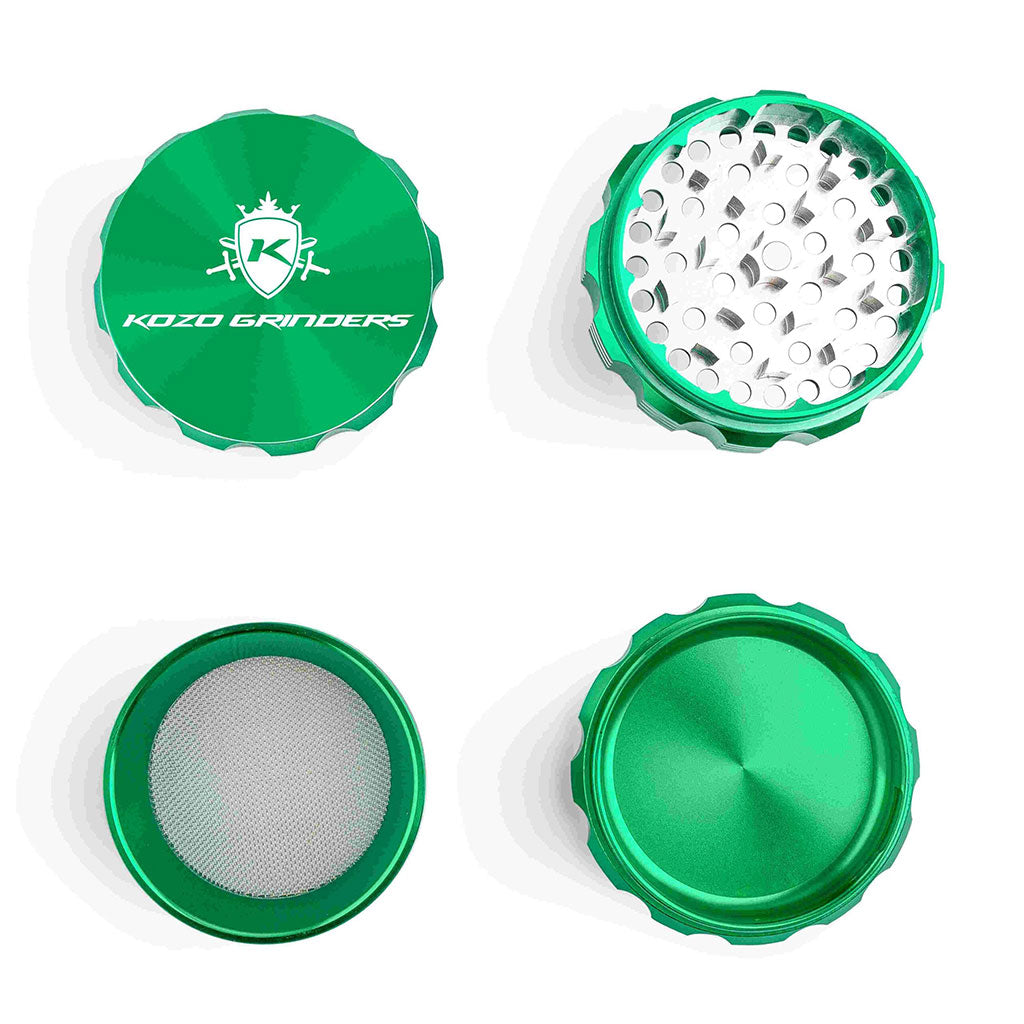 Kozo 3 inch four-piece anodized aluminum grinder in green, four pieces laid flat showing lid, teeth, screen and base