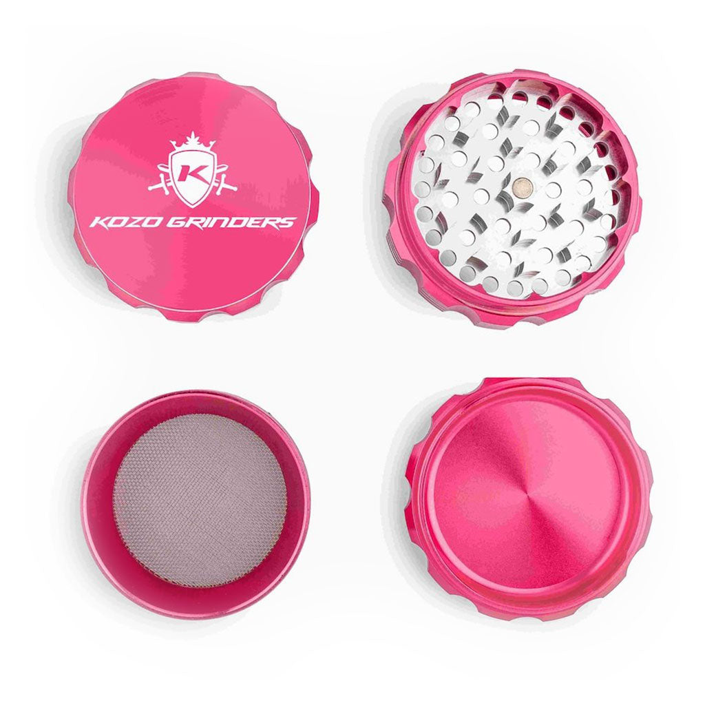 Kozo 3 inch four-piece anodized aluminum grinder in pink, four pieces laid flat showing lid, teeth, screen and base