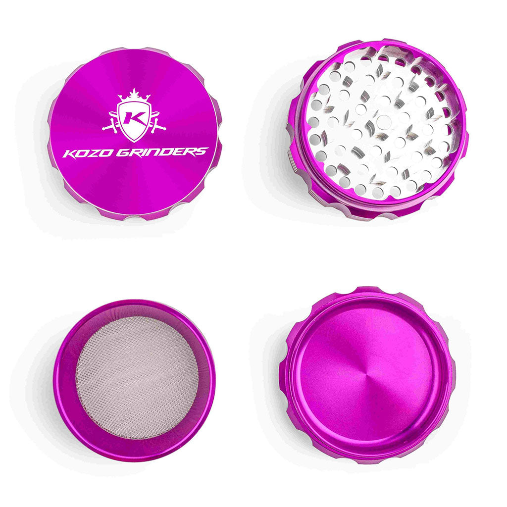 Kozo 3 inch four-piece anodized aluminum grinder in purple, four pieces laid flat showing lid, teeth, screen and base