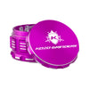Kozo 3 inch four-piece anodized aluminum grinder in purple, lid tilted open beside the toothed grinding chamber