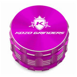 Kozo 3 inch four-piece anodized aluminum grinder in purple, closed front view of the body with the Kozo logo lid