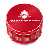 Kozo 3 inch four-piece anodized aluminum grinder in red, closed front view of the body with the Kozo logo lid