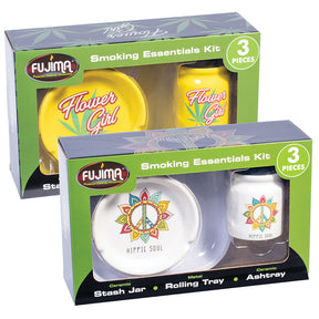 Fujima Smoking Essentials 3PC Set with Ceramic Stash Jar, Rolling Tray, and Ashtray in Assorted Colors