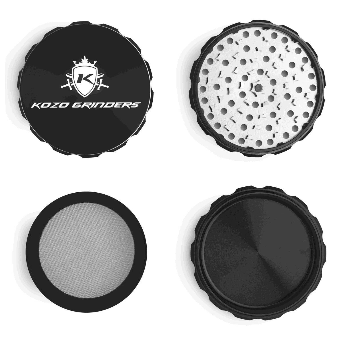 Kozo 4 inch four-piece anodized aluminum grinder in black, four pieces laid flat showing lid, teeth, screen and base
