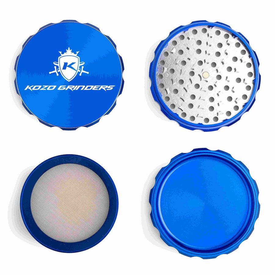 Kozo 4 inch four-piece anodized aluminum grinder in blue, four pieces laid flat showing lid, teeth, screen and base