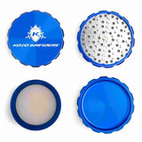 Kozo 4 inch four-piece anodized aluminum grinder in blue, four pieces laid flat showing lid, teeth, screen and base