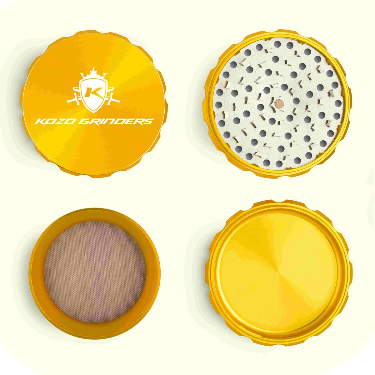 Kozo 4 inch four-piece anodized aluminum grinder in gold, four pieces laid flat showing lid, teeth, screen and base