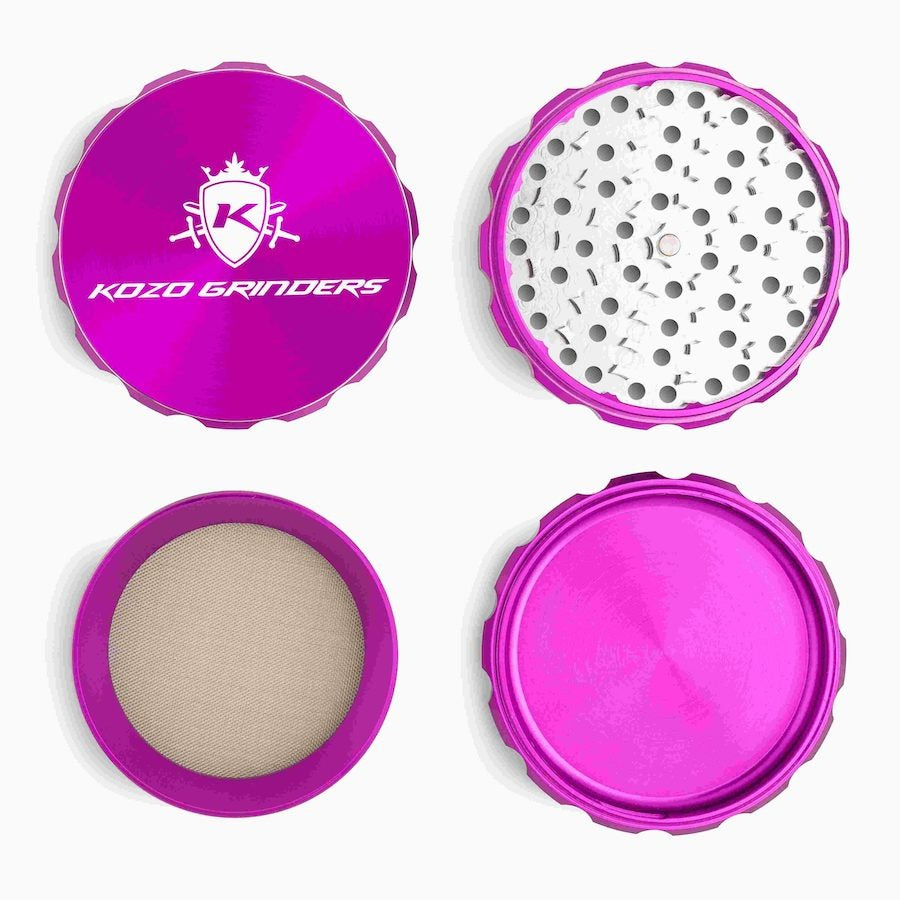 Kozo 4 inch four-piece anodized aluminum grinder in purple, four pieces laid flat showing lid, teeth, screen and base