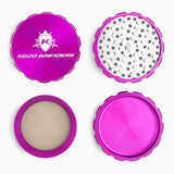 Kozo 4 inch four-piece anodized aluminum grinder in purple, four pieces laid flat showing lid, teeth, screen and base
