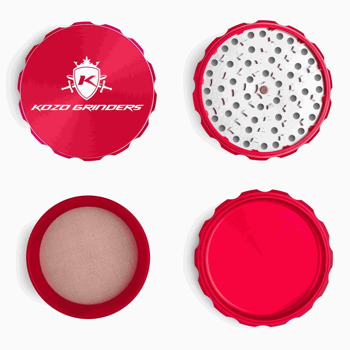 Kozo 4 inch four-piece anodized aluminum grinder in red, four pieces laid flat showing lid, teeth, screen and base