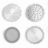 Kozo 4 inch four-piece anodized aluminum grinder in silver, four pieces laid flat showing lid, teeth, screen and base