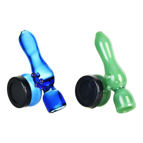 4" Sidecar Storage Chillum Pipes in Blue and Green Borosilicate Glass, Angled View