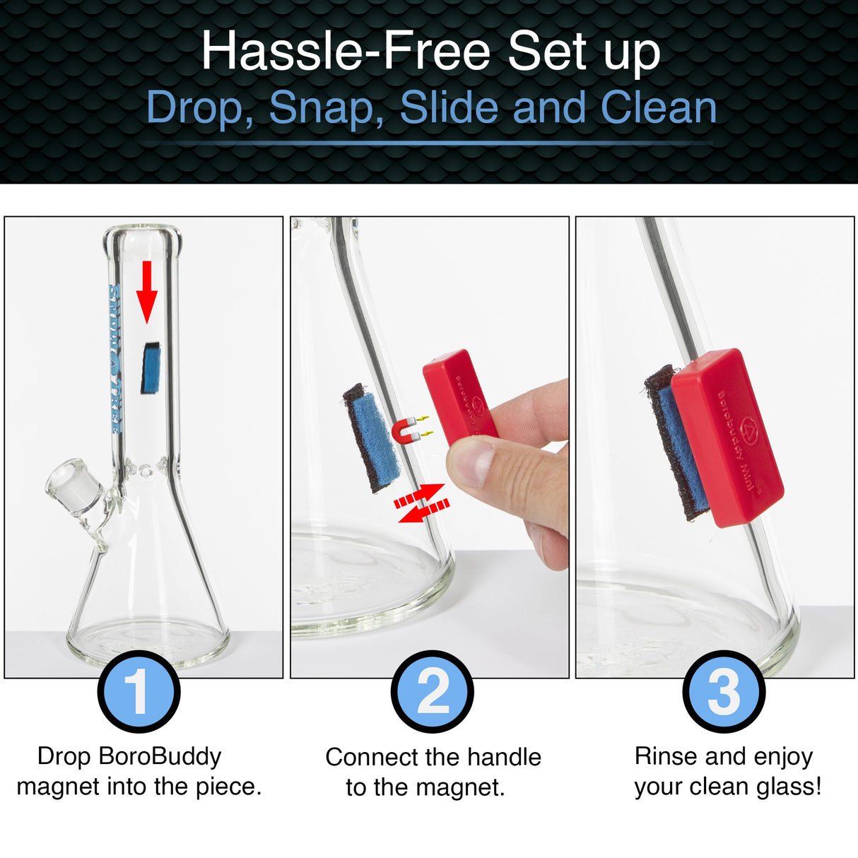 BoroBuddy Mini Magnetic Cleaner by Snowtree in action, showing 3-step cleaning process for glassware