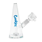 Cookies Bayside Series clear borosilicate glass bong with blue logo, 14mm female joint, side view