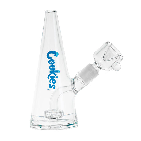 Cookies Bayside Series clear borosilicate glass bong with blue logo, 14mm female joint, side view