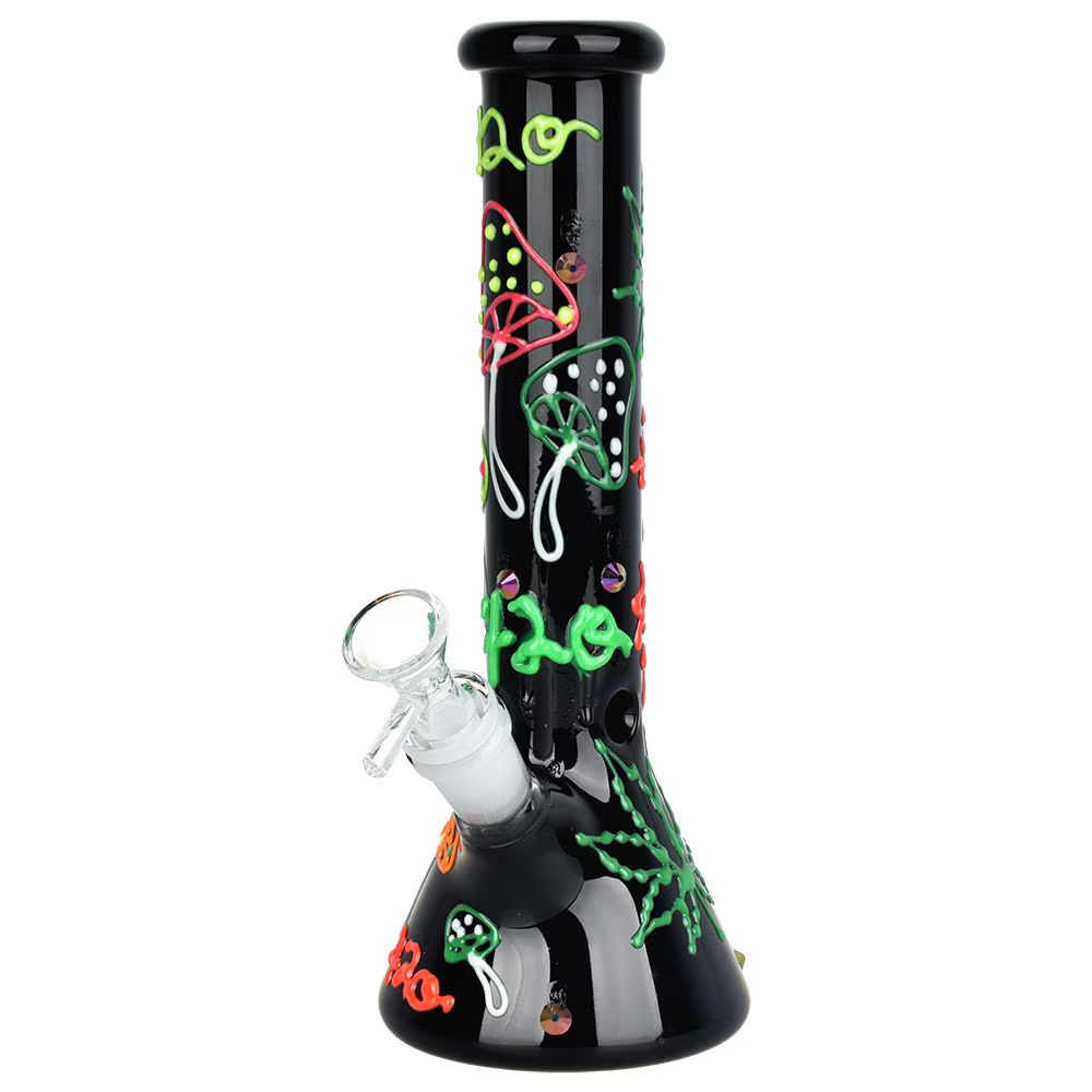 420 Leaf and Shroom Glow In Dark Glass Beaker Water Pipe | 9.5" | 14mm F