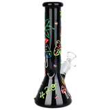 420 Leaf and Shroom Glow In Dark Glass Beaker Water Pipe | 9.5" | 14mm F