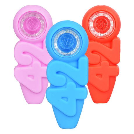 Assorted colors of 420 Silicone Hand Pipes with borosilicate glass bowls, top view